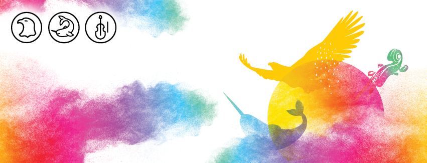 An eagle representing First Nations, a narwhal representing Inuit and a violin representing Métis. These illustrations are placed around the sun and surrounded by multicoloured smoke that represents Indigenous traditions, spirituality, inclusion and diversity.